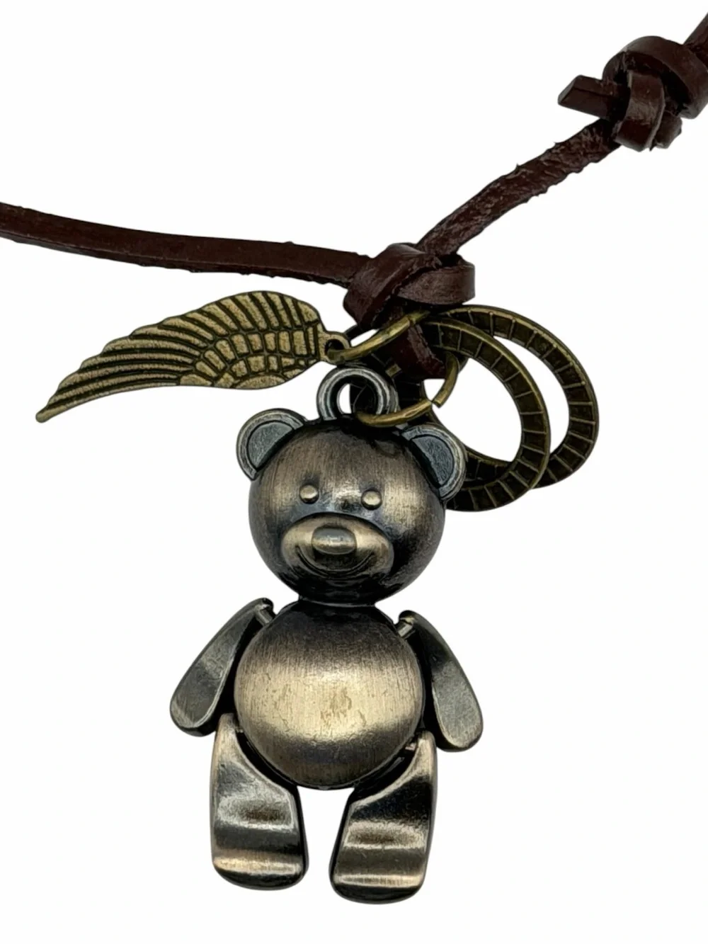Vintage Style Teddy Bear Pendant Necklace Leather Cord Articulated Boho Charm